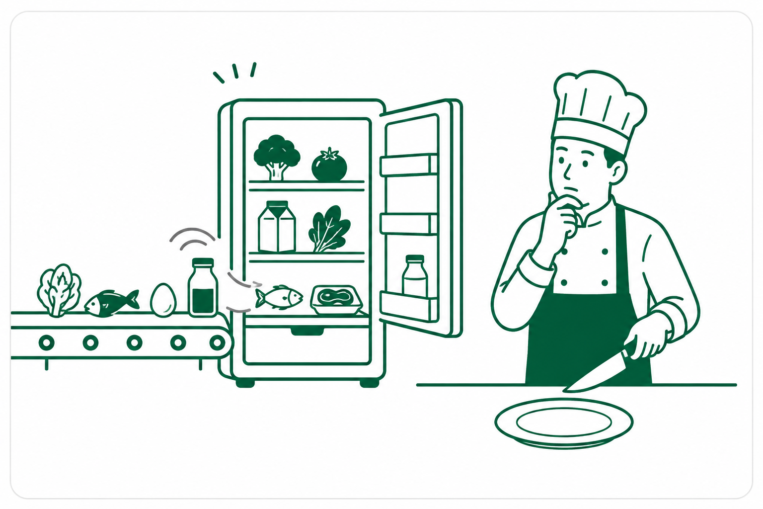冷蔵庫に食材が自動で補充される横で、料理人が皿を前に考え込む図——AIは食材を補充する道具、決めるのは料理人