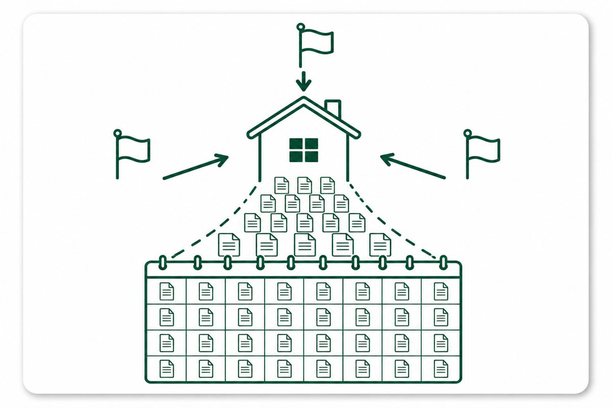 カレンダーの各日の原稿が中央の家に積み上がり、周囲の旗から家へ矢印が向く図