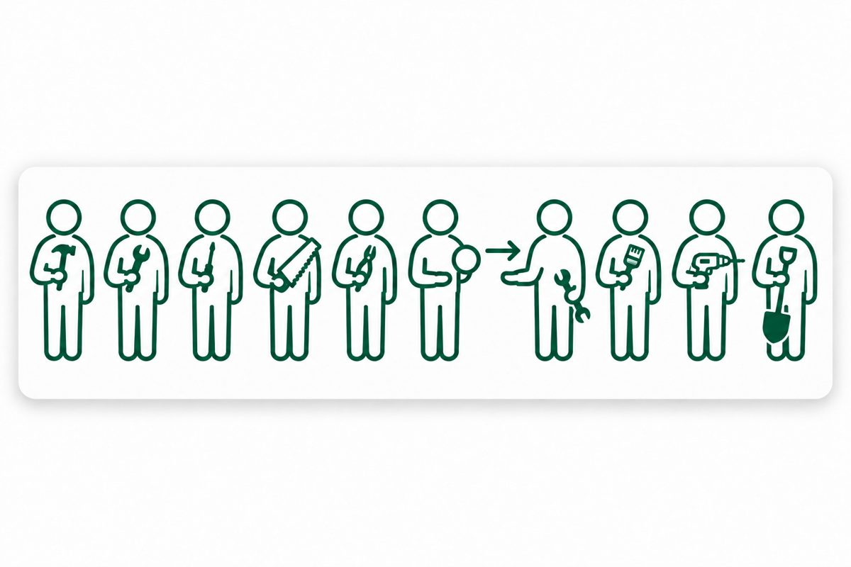 10人のうち9人は工具を持ち、1人だけがコインを持って隣へ渡している図