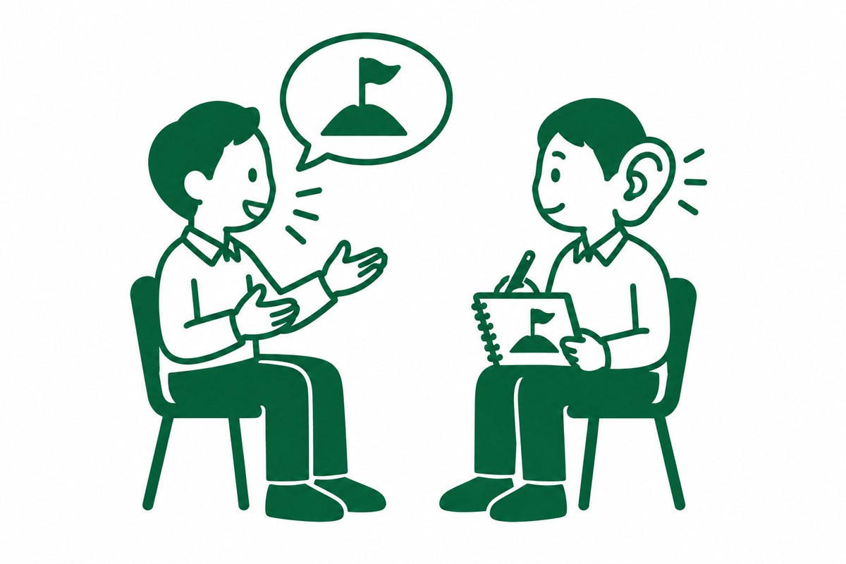 耳を大きくして聞く人と、旗の立った丘の吹き出しを話すお客様、その旗を写し取るノートの図