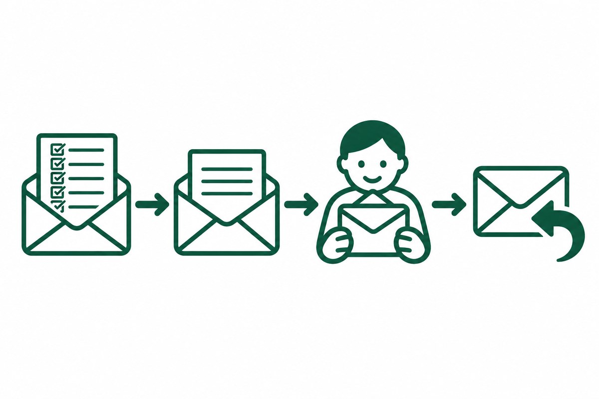 登録のチェック欄、課題の書き込み、私が読む、返信の矢印、と4つの封筒が順につながる図