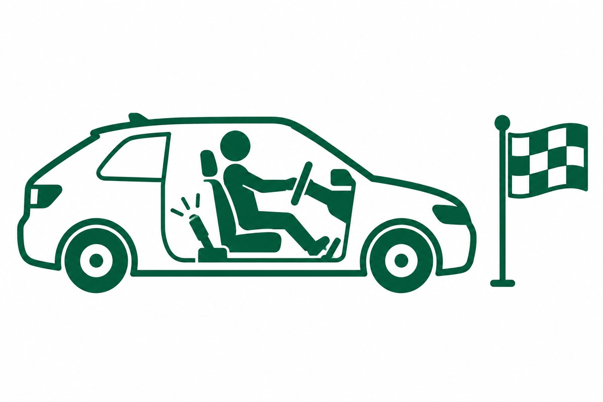 アクセルを踏んでいるのに動かない車と、引き上げられたままのサイドブレーキの図