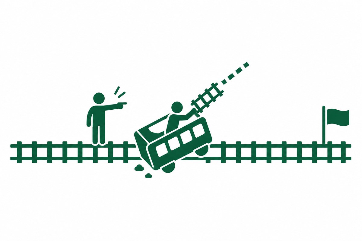 脱線した車両の中で自分で線路を引き足そうとする人と、線路脇で本線へ戻す方向を指さす人の図