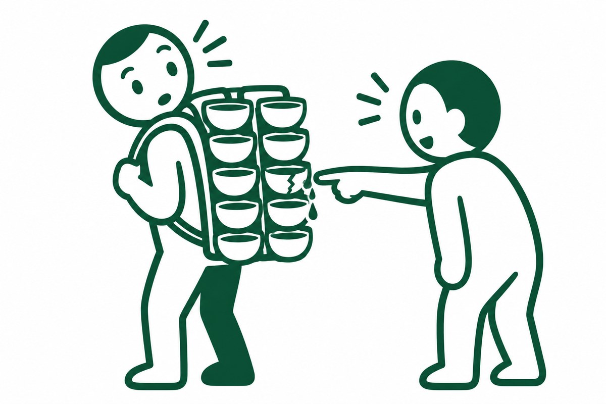 背中にリュックのように10個の小さな器を背負った人型が首を後ろへひねって自分の背中を見ようとしているの図