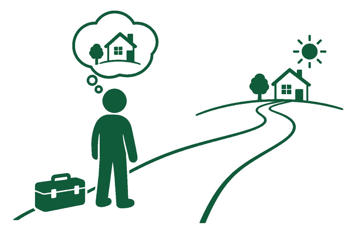 足元の道具箱ではなく、道の先にある家と木(届く未来)を見ている人の図