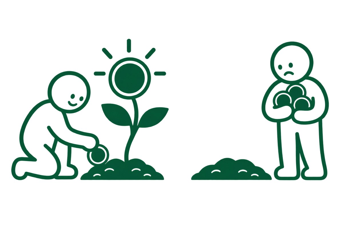 硬貨を土に植えて大きな実にする人と、握りしめたまま何も植えない人の対比図