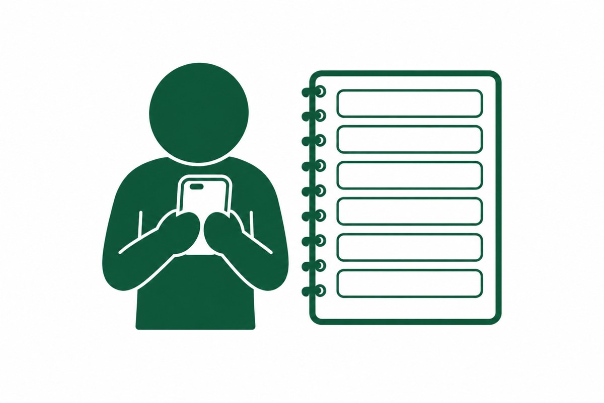 スマホを見る人の横に、名前欄が空の名簿が置かれた図