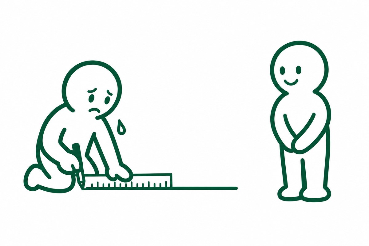 定規を当てて線を引こうとして手が止まっている人と、線の向こうで笑顔で立つ人の図