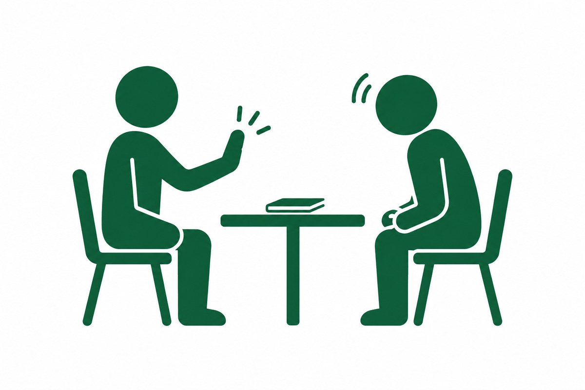 見送りを伝えるお客様と、会釈して受け止めるコーチが向かい合う図