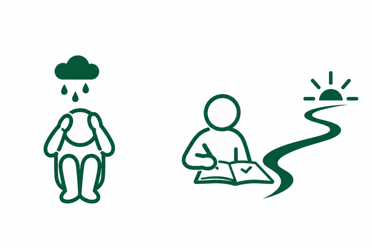 雨雲の下で頭を抱える人と、ノートの1点に印をつけて道が伸びる人の対比の図