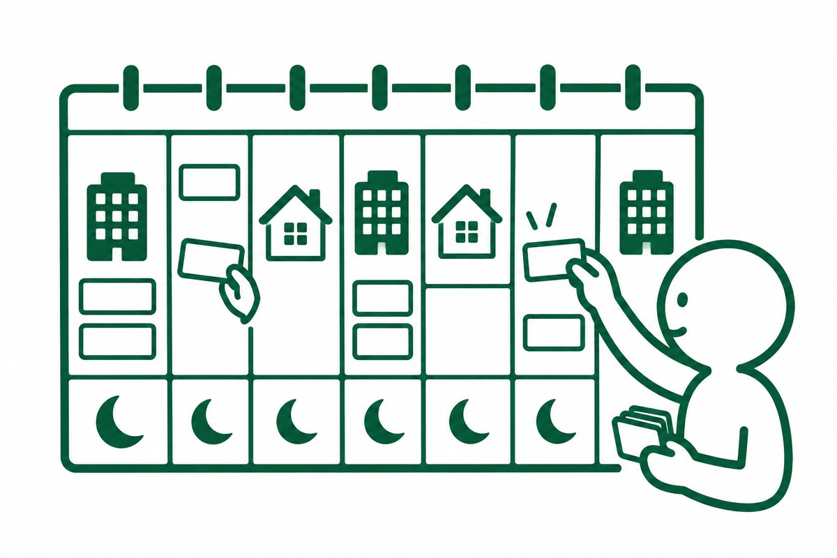 勤務・睡眠・家族のブロックを先に置き、間の小さな空きに作業のカードを差し込む1週間の図