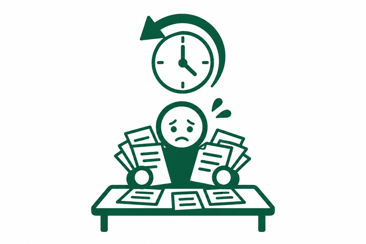時計を巻き戻す矢印と、頼まれ事の紙を抱えて困る人の図(相談前の場面)