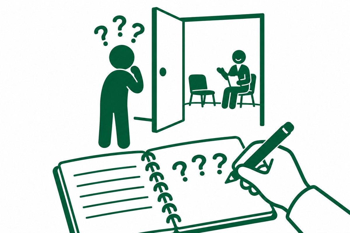相談の扉の前で迷う人の疑問を、ノートに書き写している図