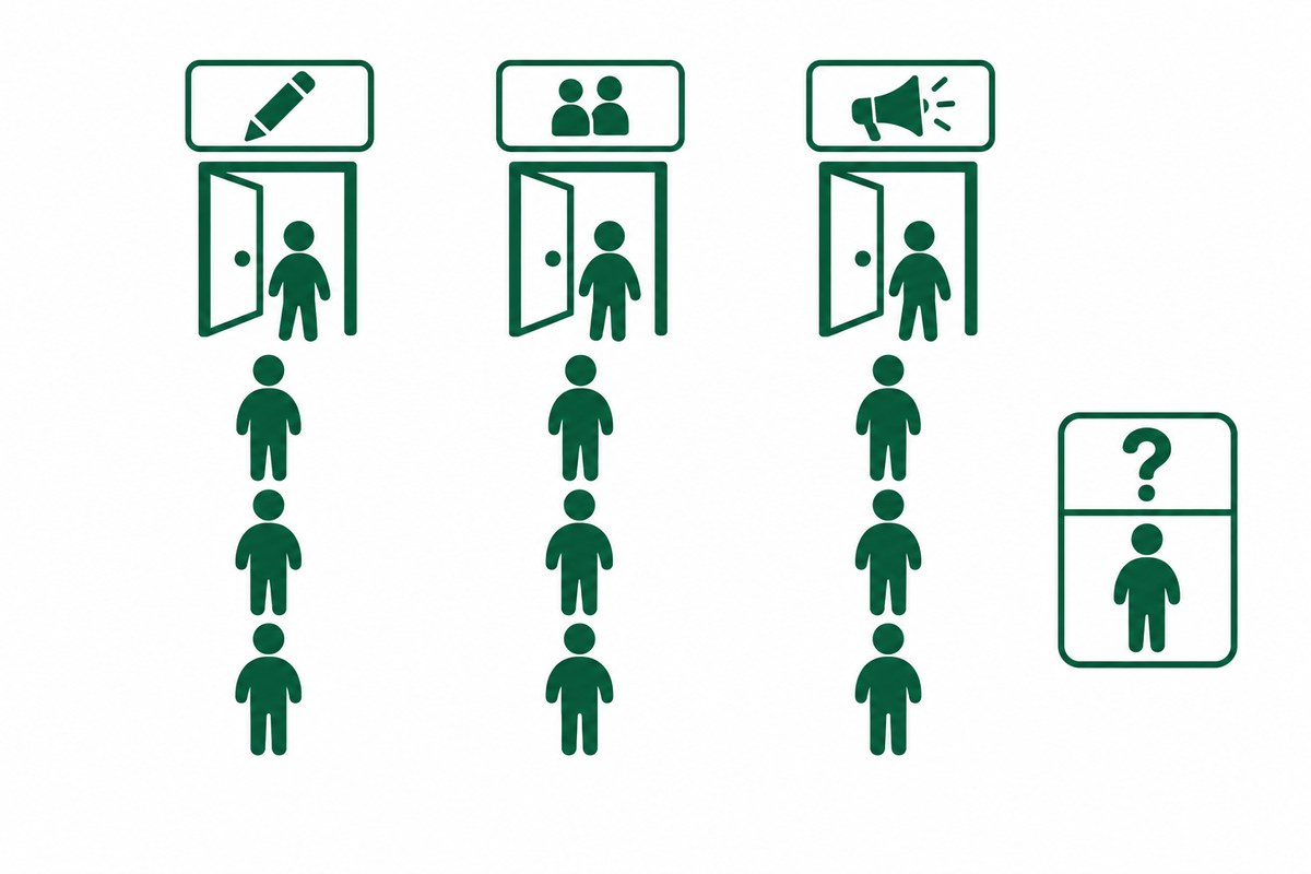 三つの扉から来た人が別々の列に並び、分からない人の箱もある図