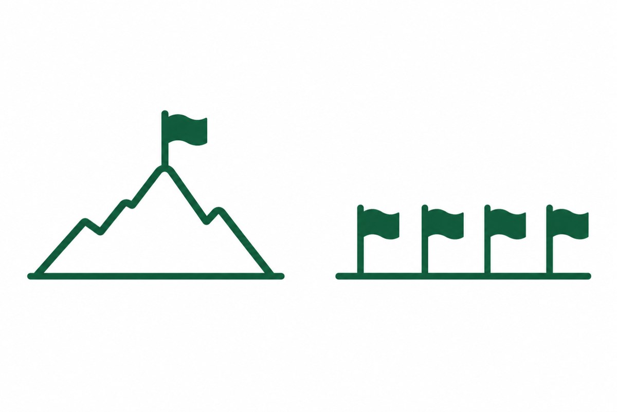 1本の旗の山と旗が並ぶ道を比べる図