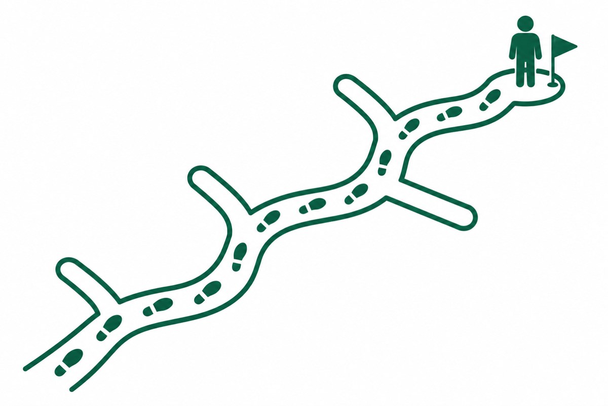 分かれ道の足あとと今いる場所の旗の図