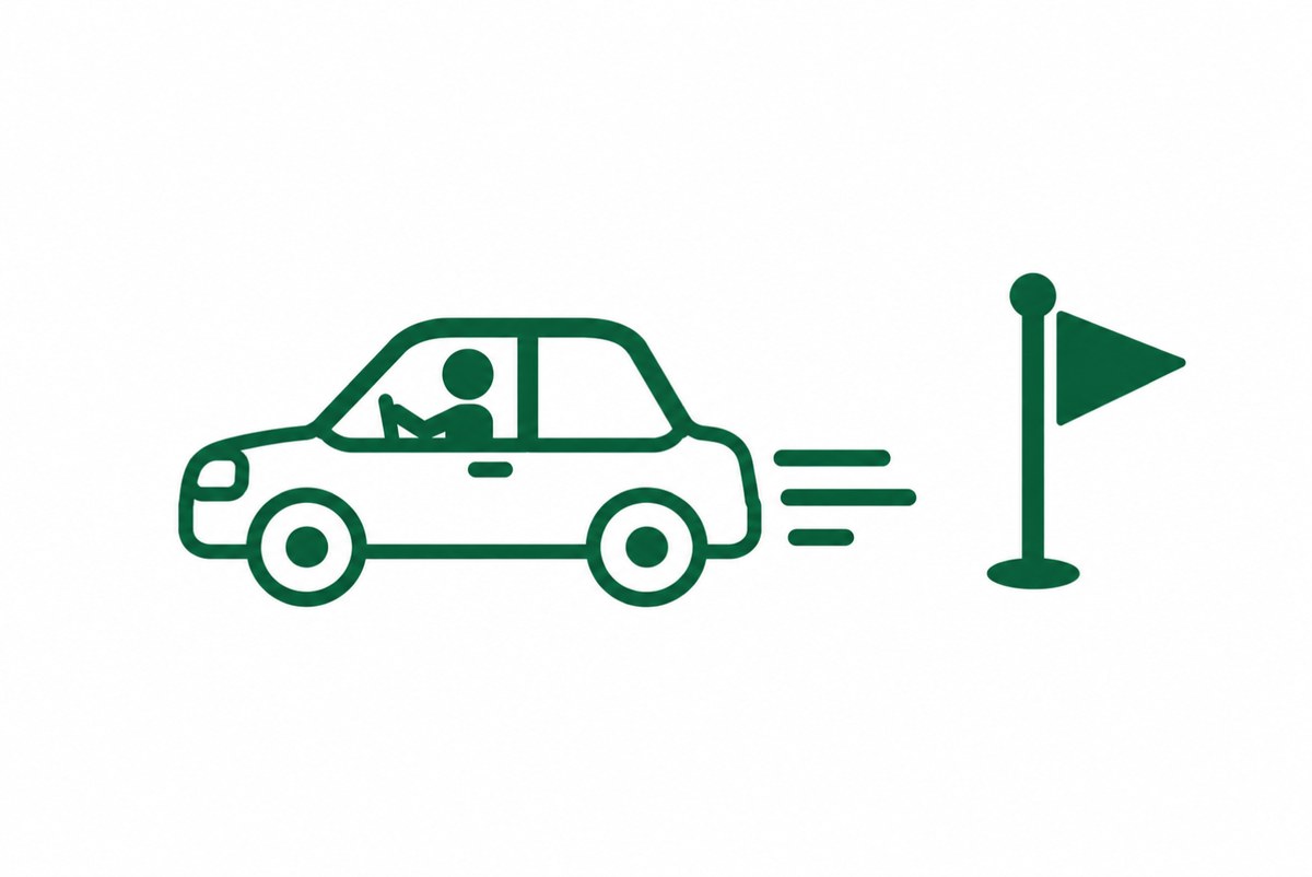 地図を持たずに旗と反対へ走る車の図