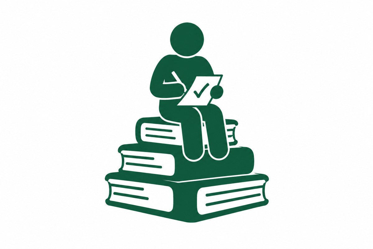 本の山の上で自分の紙に印を付ける人の図