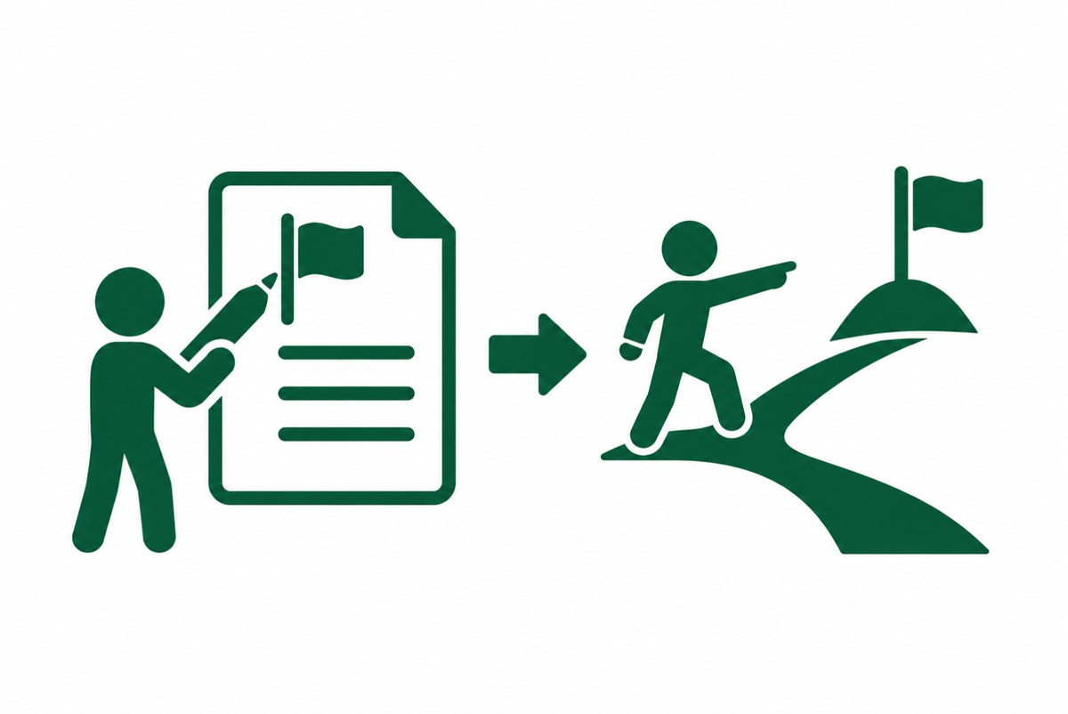 紙に旗を描いてから向かう道を選ぶ図