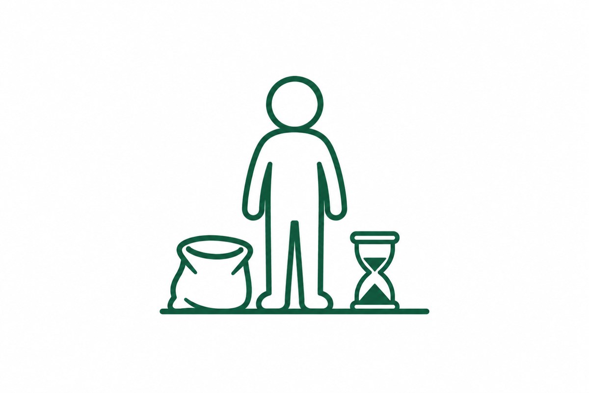 空の袋と砂時計を置いて立ち上がる人の図