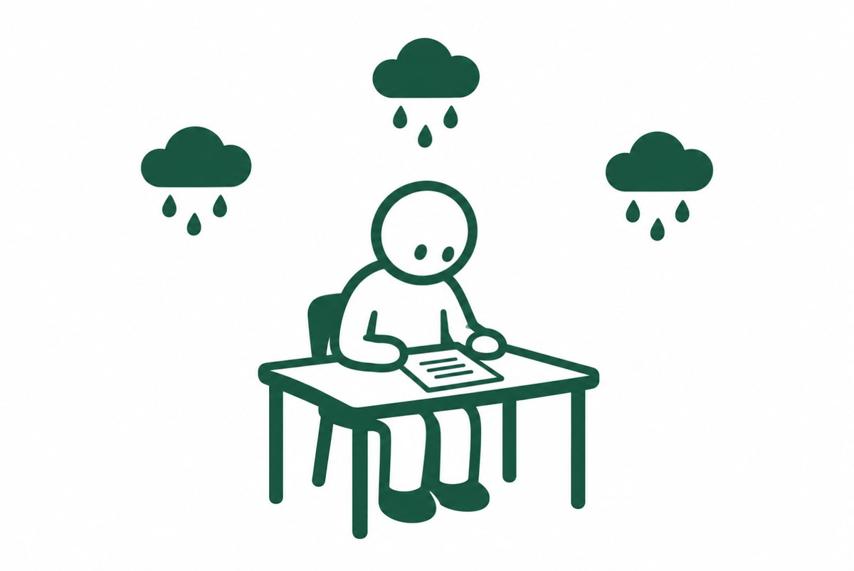 雨雲の印の中で落ち着いて紙を見る人の図