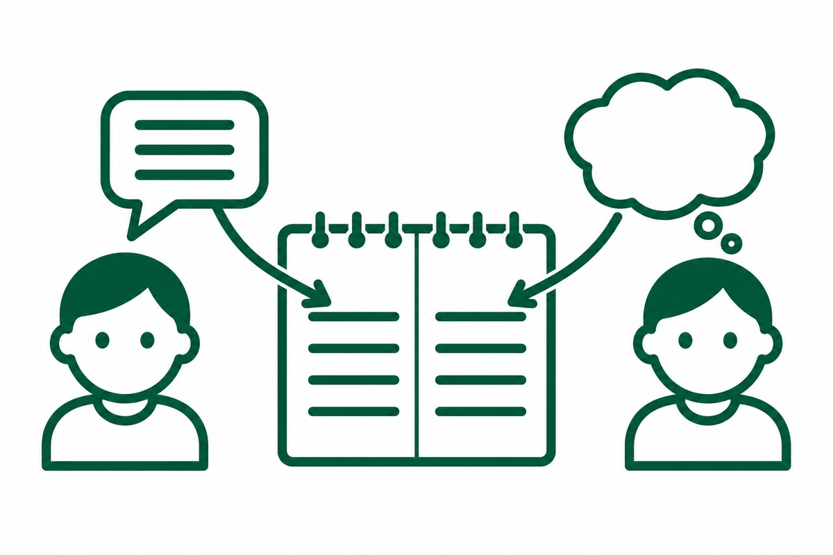 本人の言葉と自分の解釈を分けて書く図