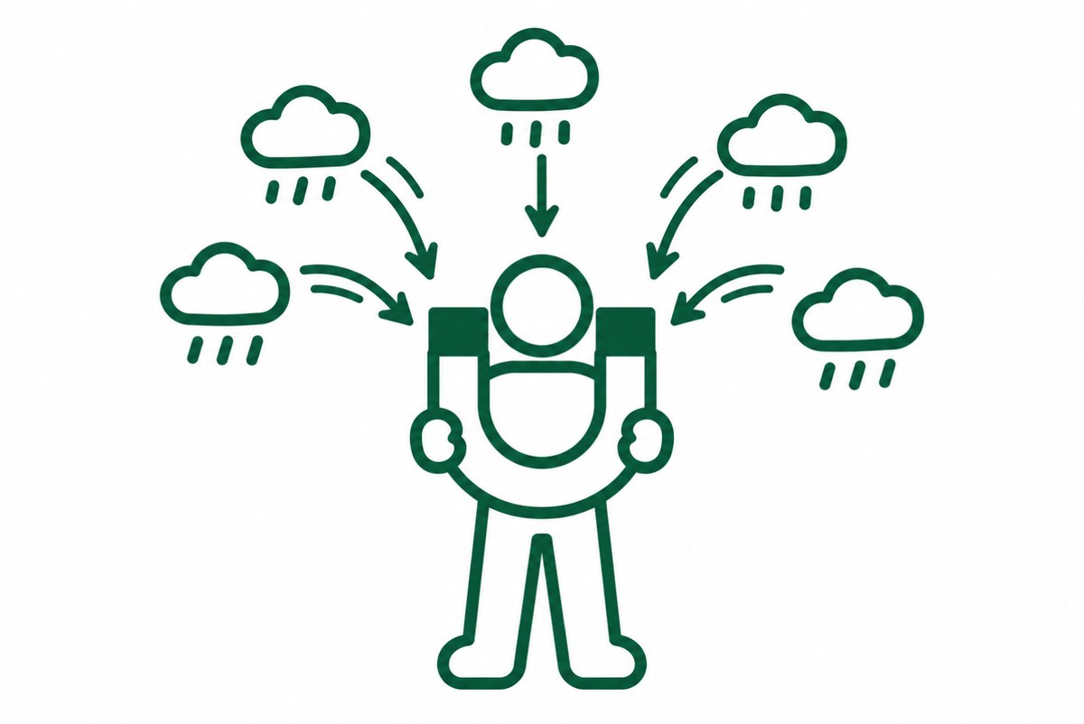 不安の雲を磁石で引き寄せている人の図