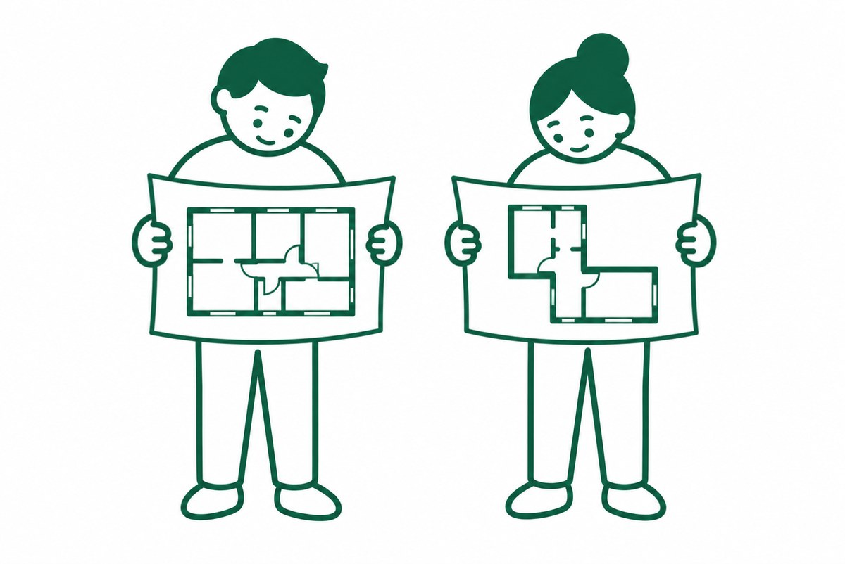 自分の設計図をそれぞれ持つ二人の図